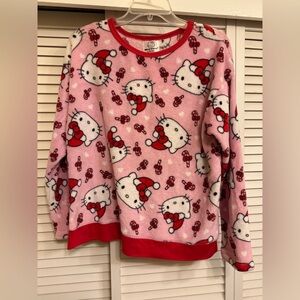 Hello Kitty Holiday Christmas Santa Hat Pink and Red Plush Fleece Crew Neck Sz M